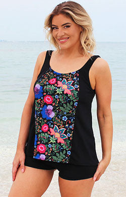 Tank Top Chlorine Resistant - Black with Karijini Print front panel