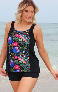 Tank Top Chlorine Resistant - Black with Tahiti Print front panel