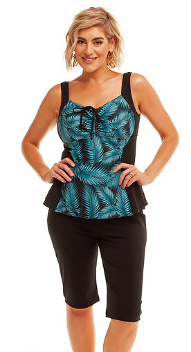 Swing Tankini Top Chlorine Resistant - Black Gathered Teal Palm Print Front Panel Size 10