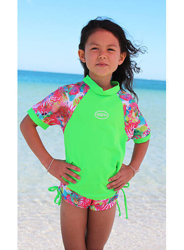 Girls Rash Shirt - Chlorine Resistant Lime with fish print sleeves