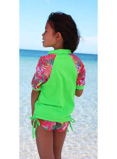 Girls Rash Shirt - Chlorine Resistant Lime with fish print sleeves