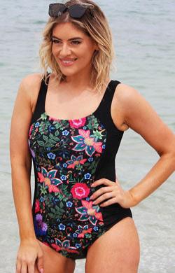 One Piece - Chlorine Resistant - Black with printed front panel Tahiti